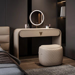 coiffeuse moderne maquillage miroir lumineux tabouret compartiments tiroirs étagère arrière beigeclair minimaliste