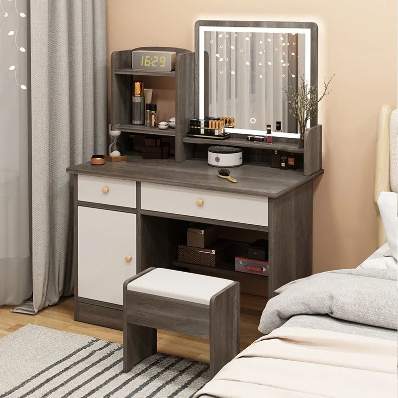 maquillage moderne tiroirs étagères tabouret grand miroir bois naturel gris blanc