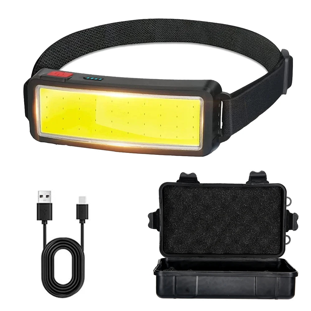 lampe frontale rechargeable led noir jaune usb camping pêche randonnée ceinture ajustable modérne pratique