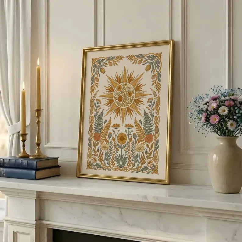 decoration murale boho chic affiche floral solaire feuilles couleurs vives chambre salon