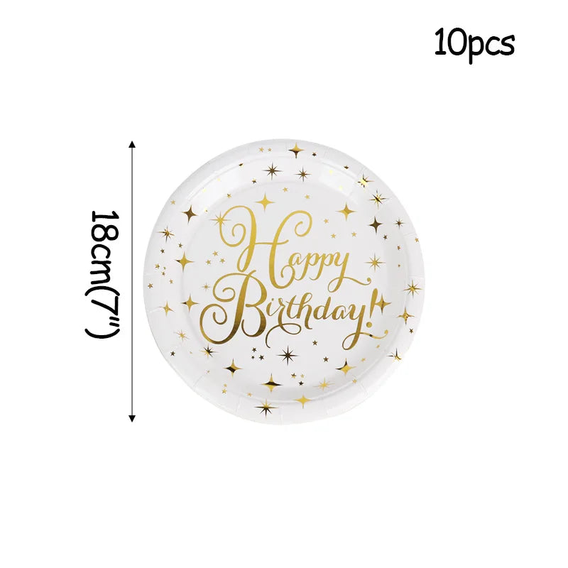 vaisselle jetable fête anniversaire étoiles dorées assiettes gobelets serviettes nappe