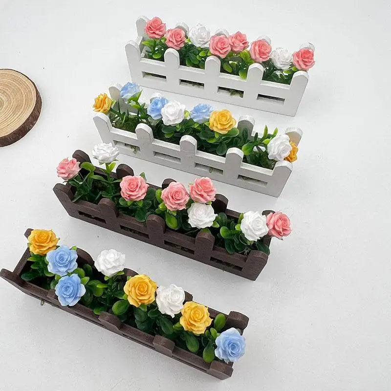décoration miniature cache pot fleurs artificielles blanc rose bleu marron jardin