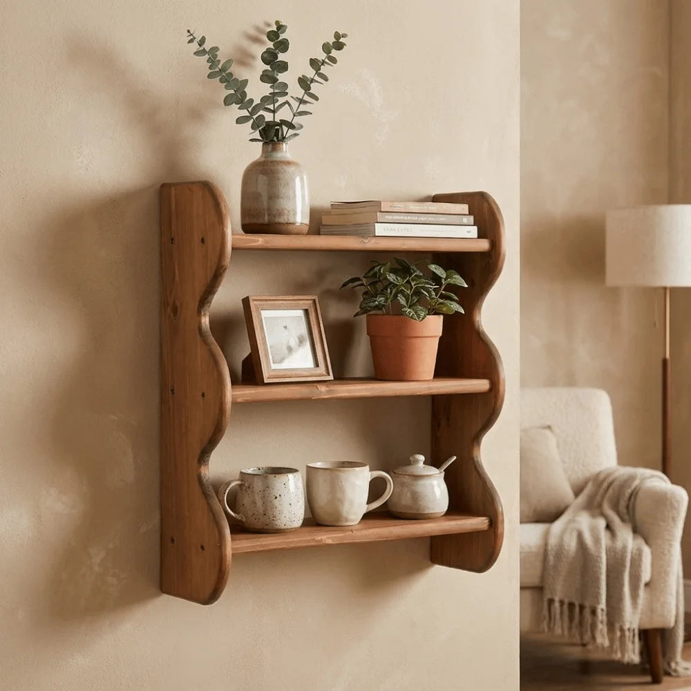 étagère murale bois brut naturel rustique moderne niveaux tasses chambre coucher fixations incluses