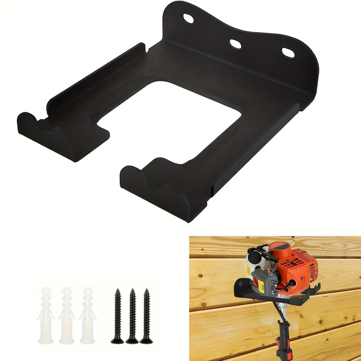support mural outils jardin faucheuse taille haie noir industriel fixations vis chevilles murales électriques
