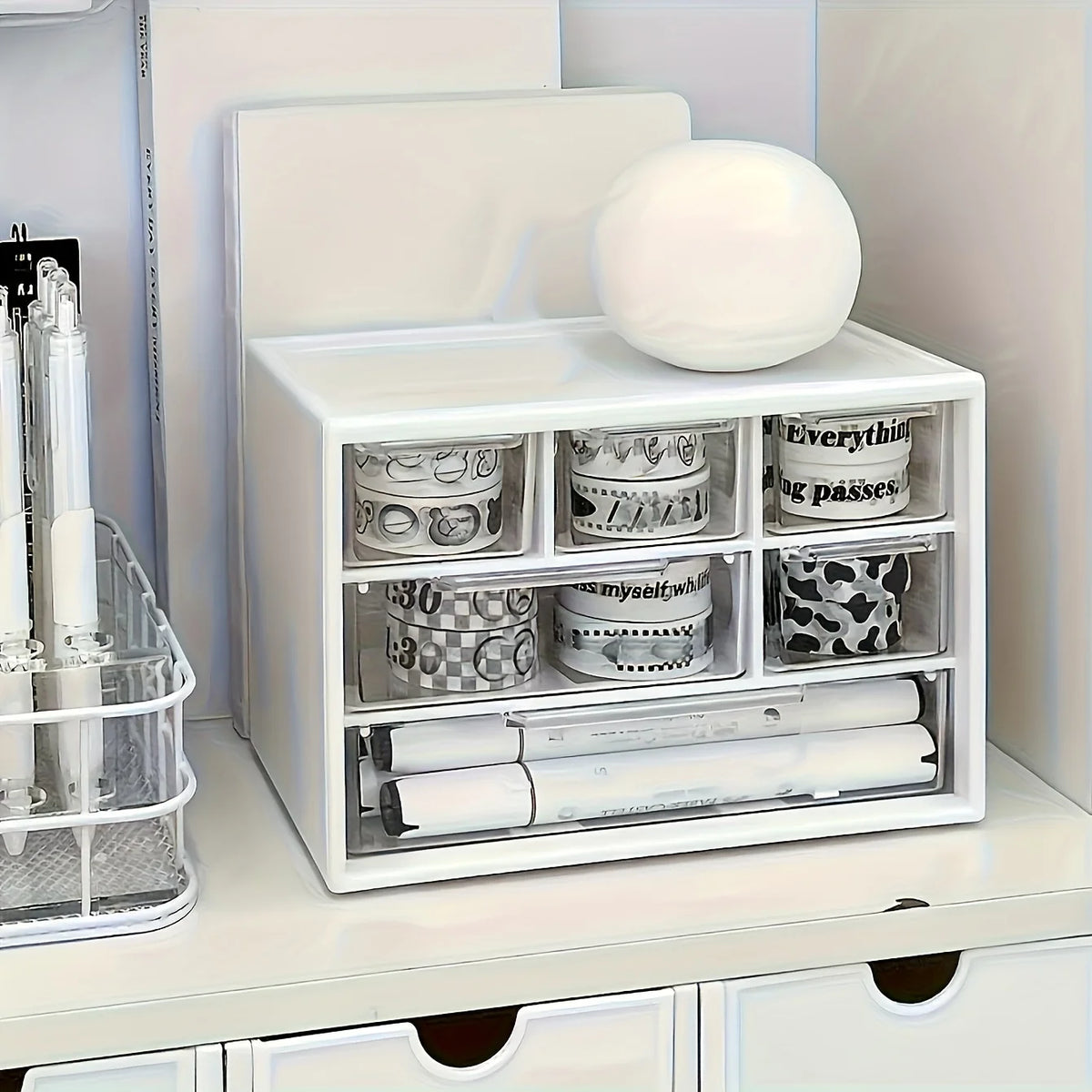 boîte rangement transparente moderne blanc compartiments imprimes essentiels stockage multifonctionnel