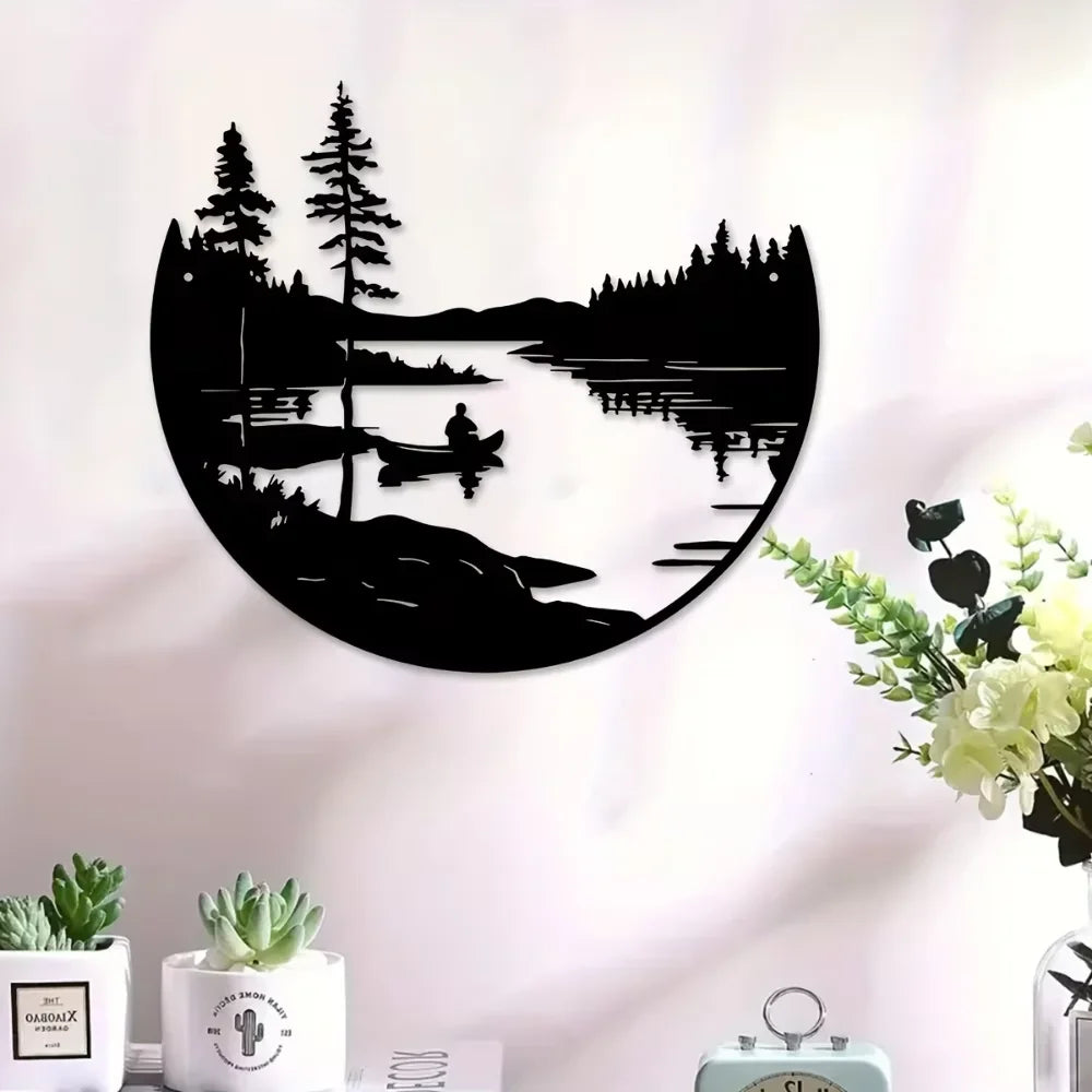 décoration murale moderne plaque noire paysage silhouettes rivière bateau personne minimalist artextérieur maison