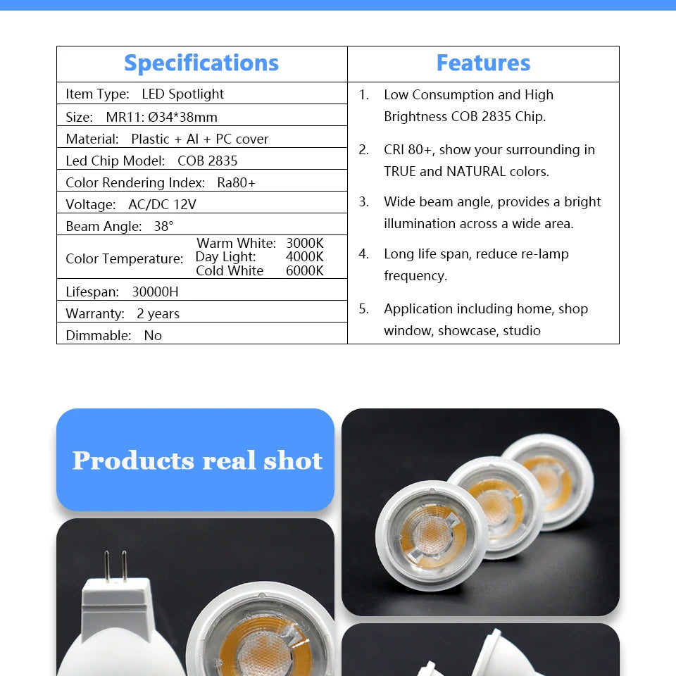 projecteur led mr11 gu4 12v 3w blanc moderne 3000k 4000k 6000k