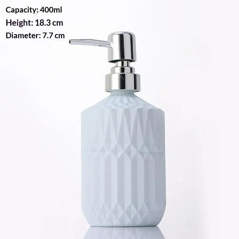 distributeur savon liquide bleu clair moderne texture géométrique noir gris