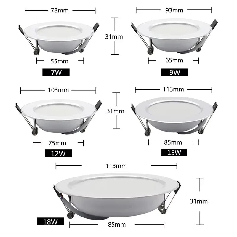 Spot LED 18W blanc moderne clips plastique éclairage intérieur 78mm 93mm 55mm 65mm 103mm