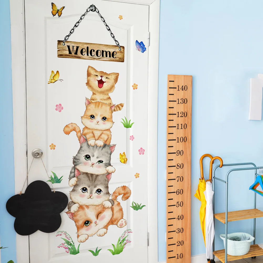 sticker mural dessin animé chatons empilés papillons fleurs welcome multicolore résistant eau chambre enfant