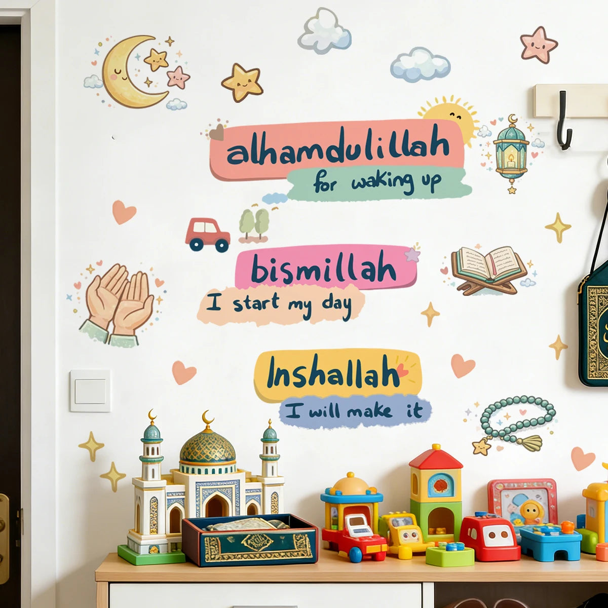 stickers muraux multicolores textes religieux symboles motifs géométriques adhésifs illustratifs colorés İslamiques maison chambre