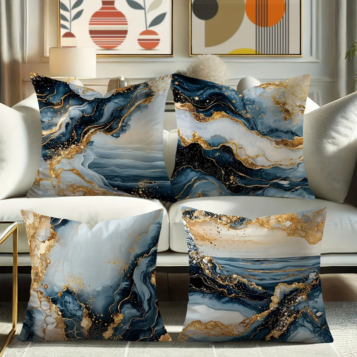 housse coussin polyester marbré bleu blanc doré contemporain décoration maison chambre salon voiture