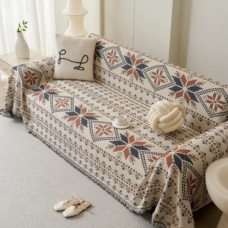 couverture canapé beige bleu marine orange motif jacquard ethnique extensible réversible machine automne hiver