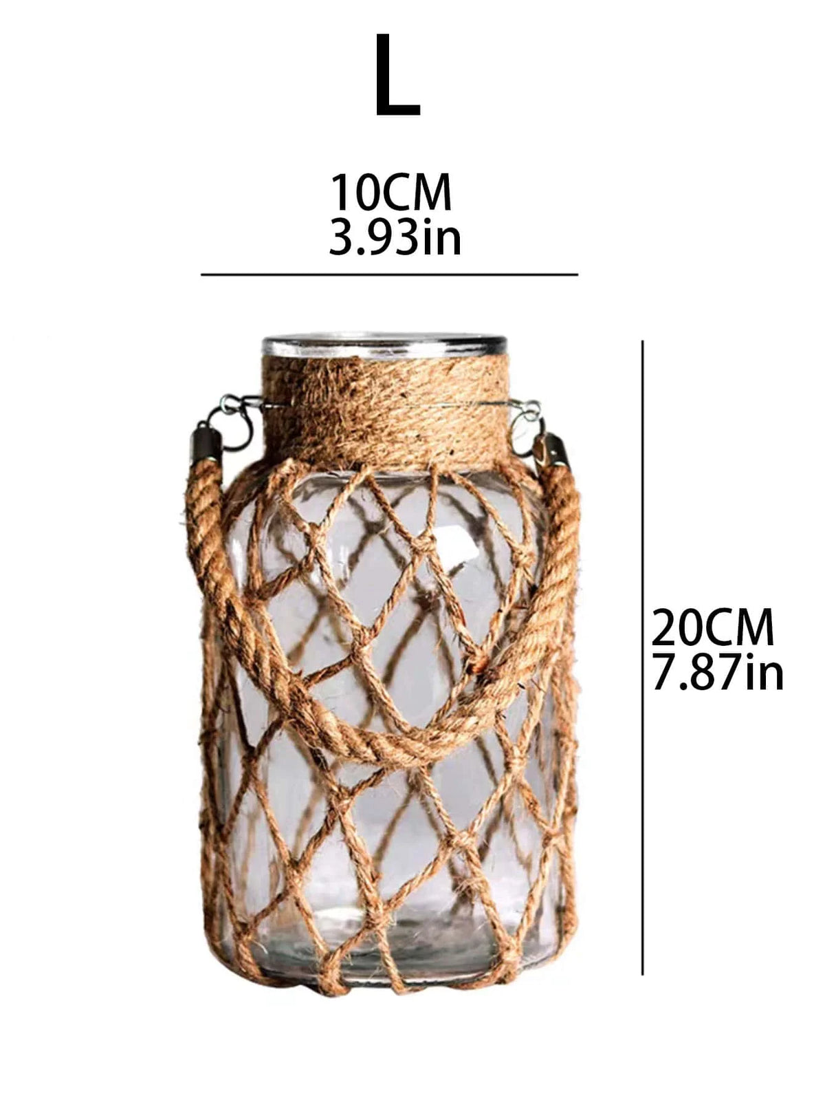 vase verre transparent rustique corde tressée anneaux métalliques décoration bohème vintage table salon
