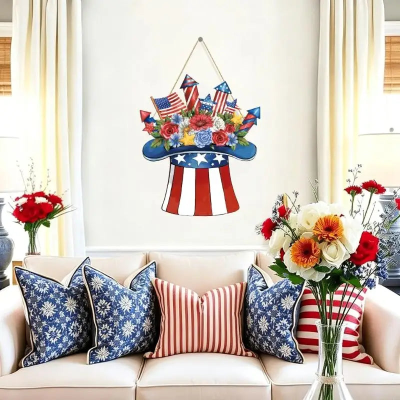 couronne porte bleu étoiles blanches rayures rouges fleurs patriotique cordelette pré assemblée