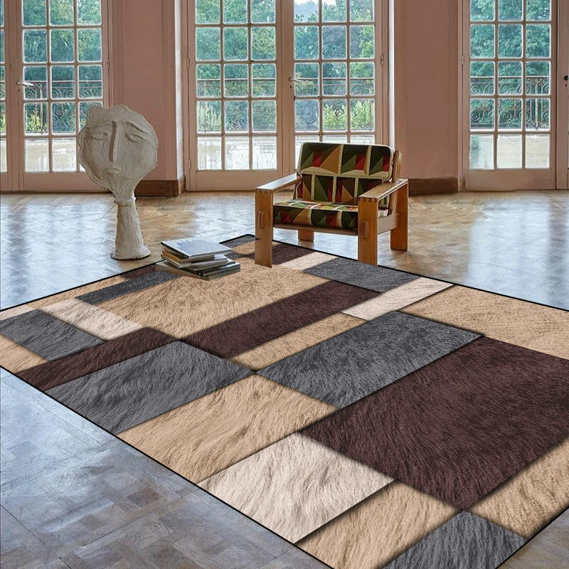 Une salle au design épuré avec de grands fenêtres, un fauteuil multicolore et un sol recouvert d'un tapis aux motifs géométriques dans des tons neutres.