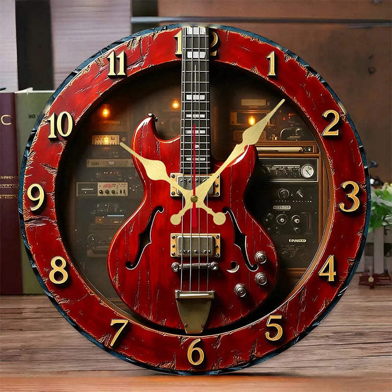 horloge murale rouge guitare électrique vintage rock adhésif bois amplificateurs décorative salon chambre
