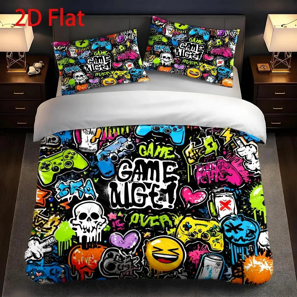 housse couette motif graffiti gamer noir vert jaune rose orange