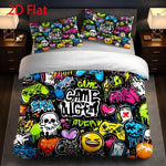 housse couette motif graffiti gamer noir vert jaune rose orange