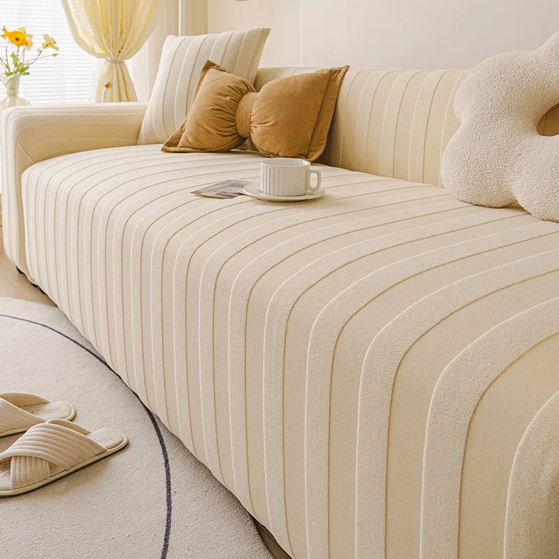 housse canapé polyestère beige rayures moderne anti poussière adhésif lavage machine 90 300cm