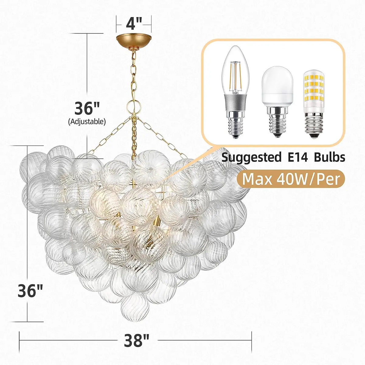 suspension lumineuse moderne élégante transparente billes dorées effet bulles chaîne métallique chambre salon étude