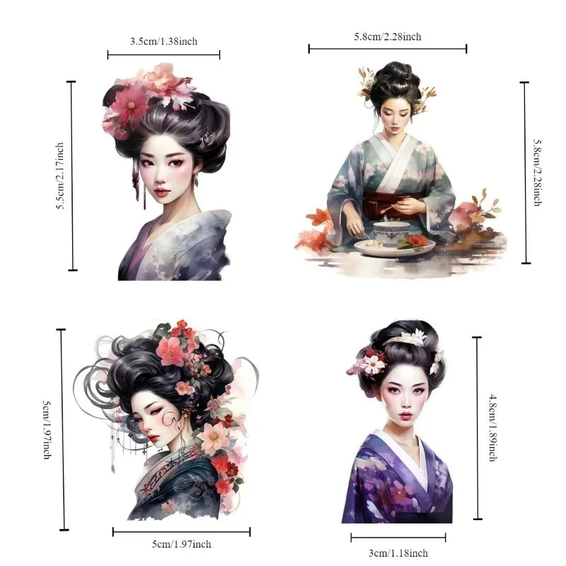 sticker aquarelle femme kimono fleur rouge violet noir traditionnel adhésif papeterie artisanal japonaisDecorationScrapbooking