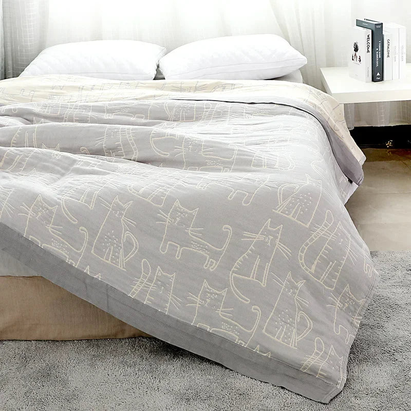 couverture coton imprimée chats moderne beige gris été portable hospitalisée voyage adultes
