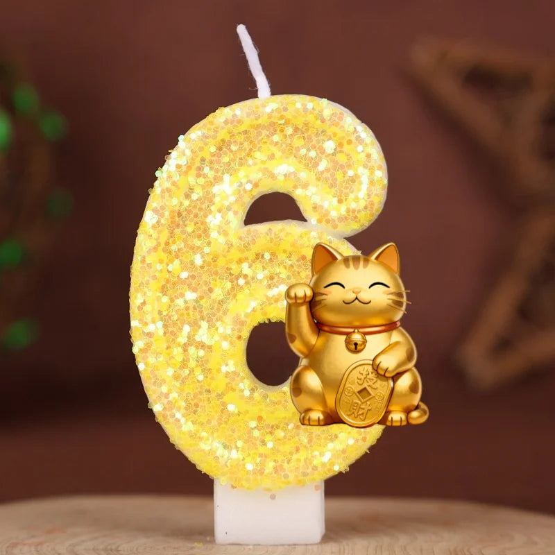 bougies numériques or pailletées chat chanceux anniversaire enfant decoration dessin anime festive fournissons