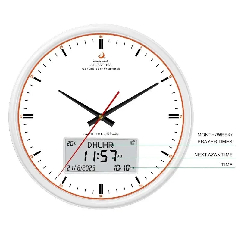 horloge murale islamique noir blanc prières kaaba al fatihah date heure numérique