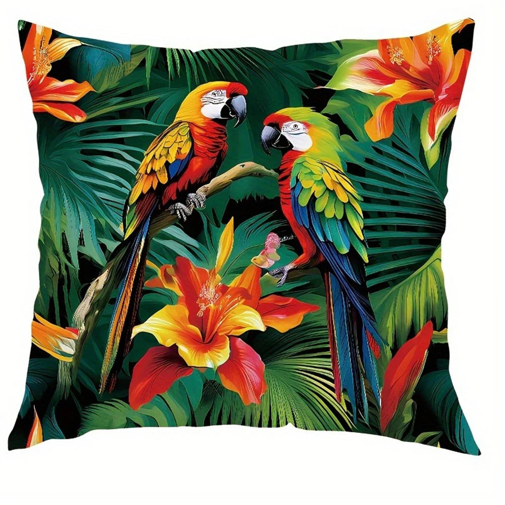 taies d'oreiller motif tropical perroquets fleurs multicolores moderne polyester 45x45cm zipper closure
