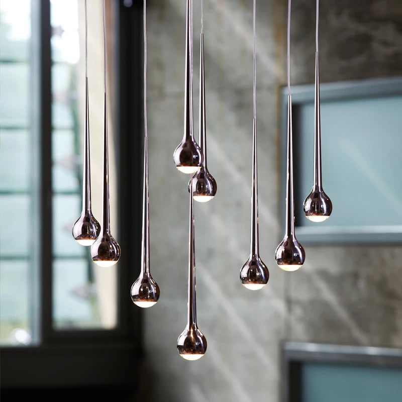 suspension lumineuse argentée gouttes pluie contemporaine fil 2000 82000 lumens chambre salon étude