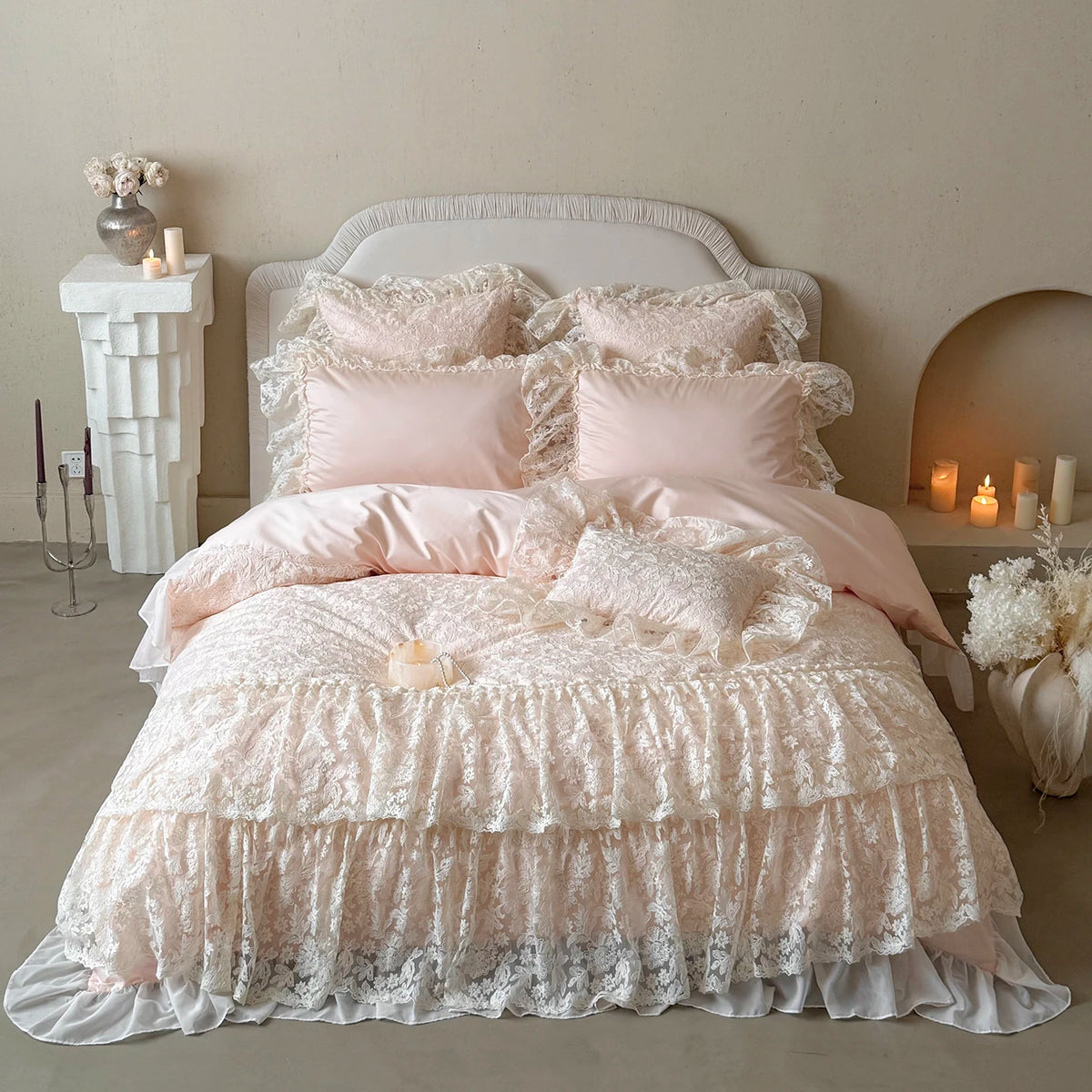 ensemble literie coton dentelle florale taies d'oreiller couverture romantique vintage shabby chic blanc cassé