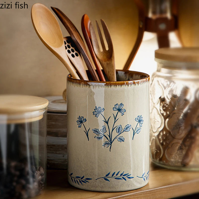 pot ustensiles vintage pot stylos fleuré beige bleu orange vert rustique