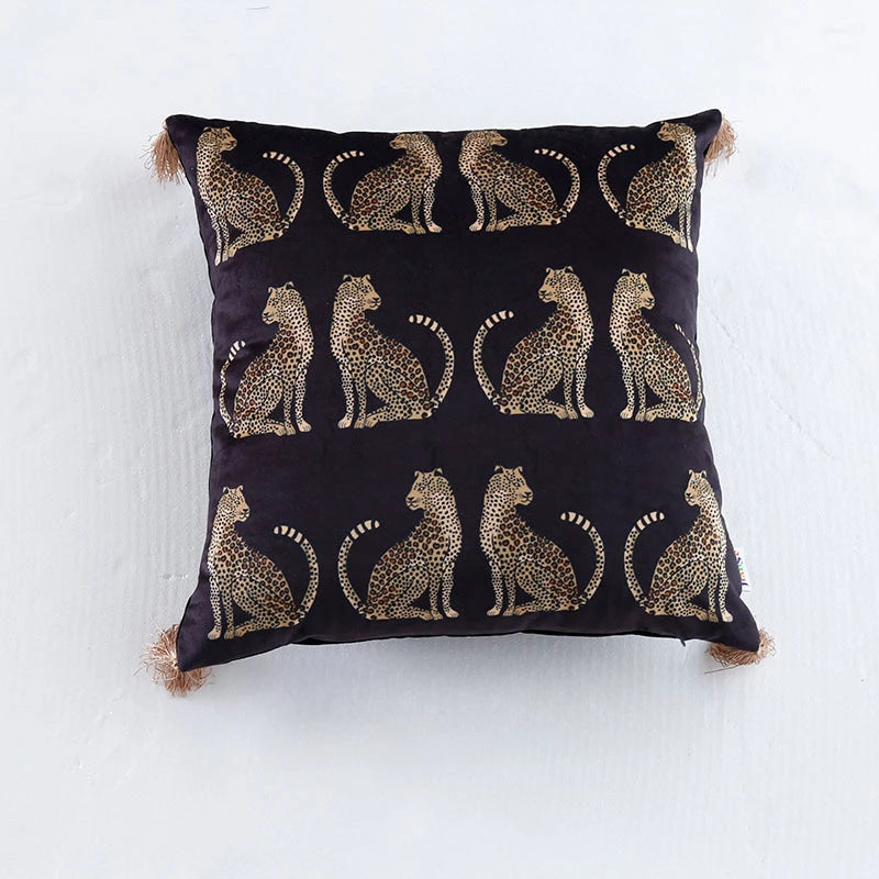 coussin imprimé léopard doré moderne adhésif tassel velours polyester carré decoration 45x45cm 30x50cm