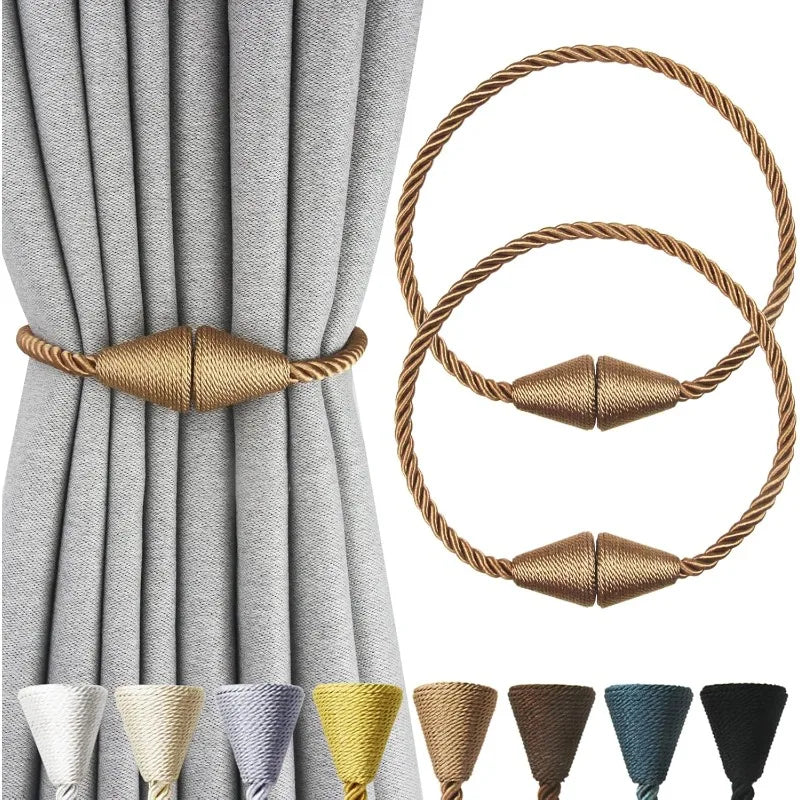 boucles rideau magnétiques corde tressée moderne marron doré decoration fenetre anneaux accessoires polyster