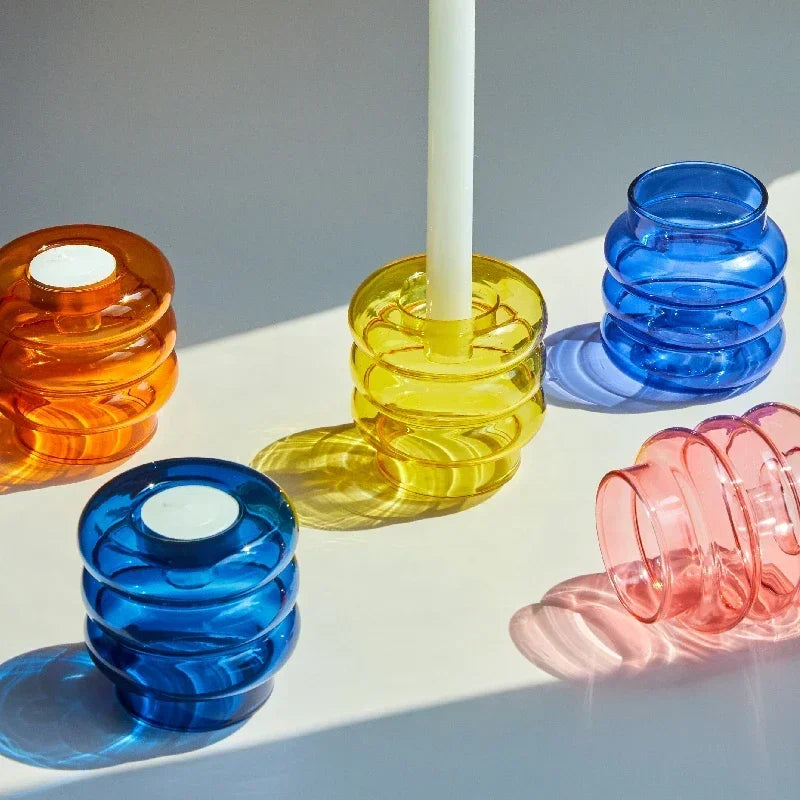 Support bougie moderne transparent orange jaune rose bleu chandelle bâton tealight décoration maison festive