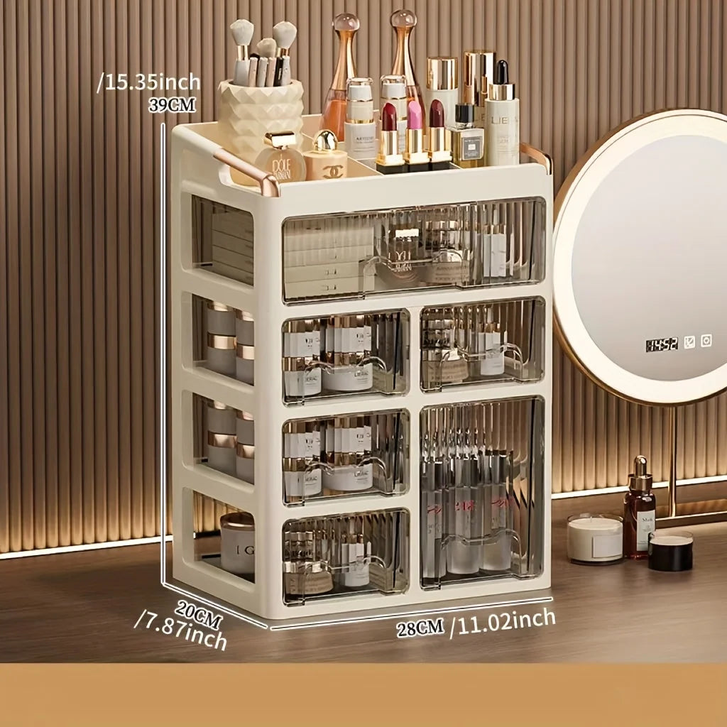 boîtes rangement cosmétiques moderne pliables beige clair poignées dorées étiquettes produits