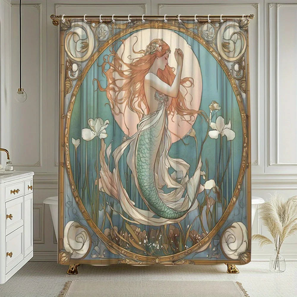 rideau douche sirène art nouveau vert beige blanc or motifs floraux 180cm large