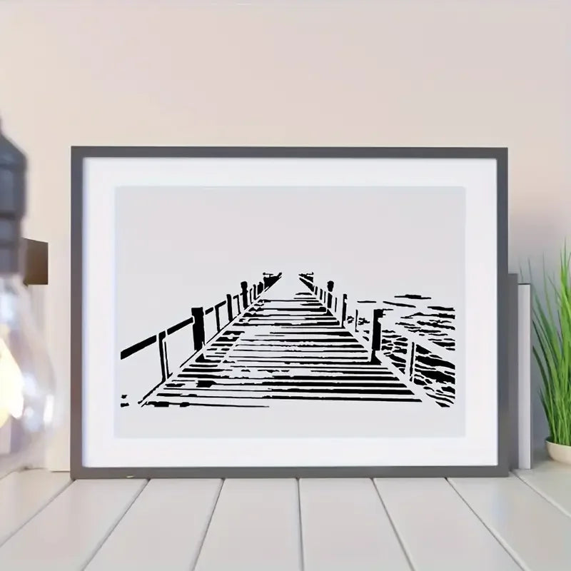 stencils graphiques blancs noirs pont bois minimaliste bricolage peinture murale decoration papier artisanal