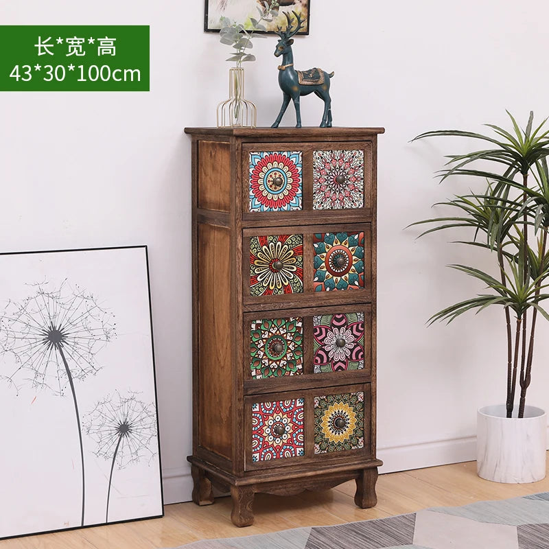 commode vintage rustique tiroirs floraux bois foncé organisateur chambre coucher bois massif