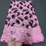 tissu dentelle violet noir rose fleurs feuilles paillettes broderie cérémonie mariage haut qualité 130cm