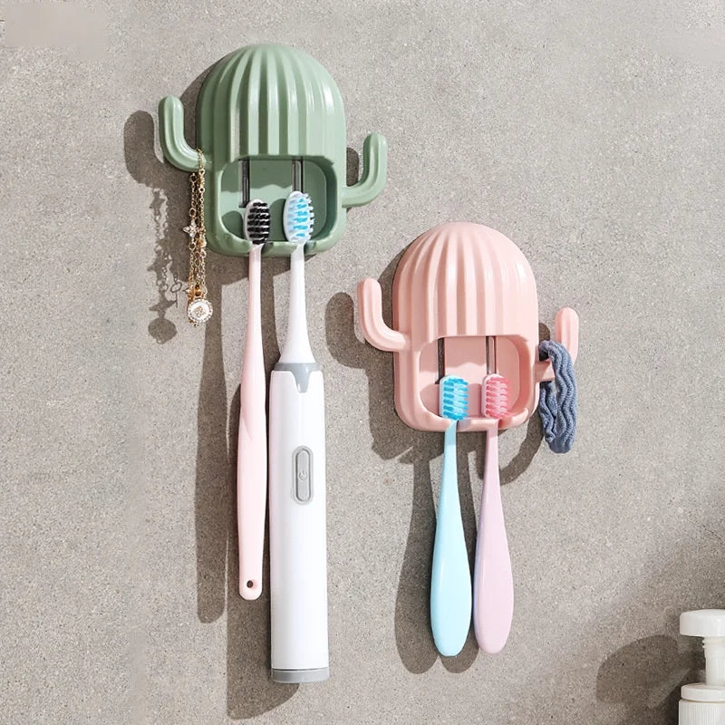 porte brosse dents cactus adhésif moderne vert blanc rose salle bains organisateur