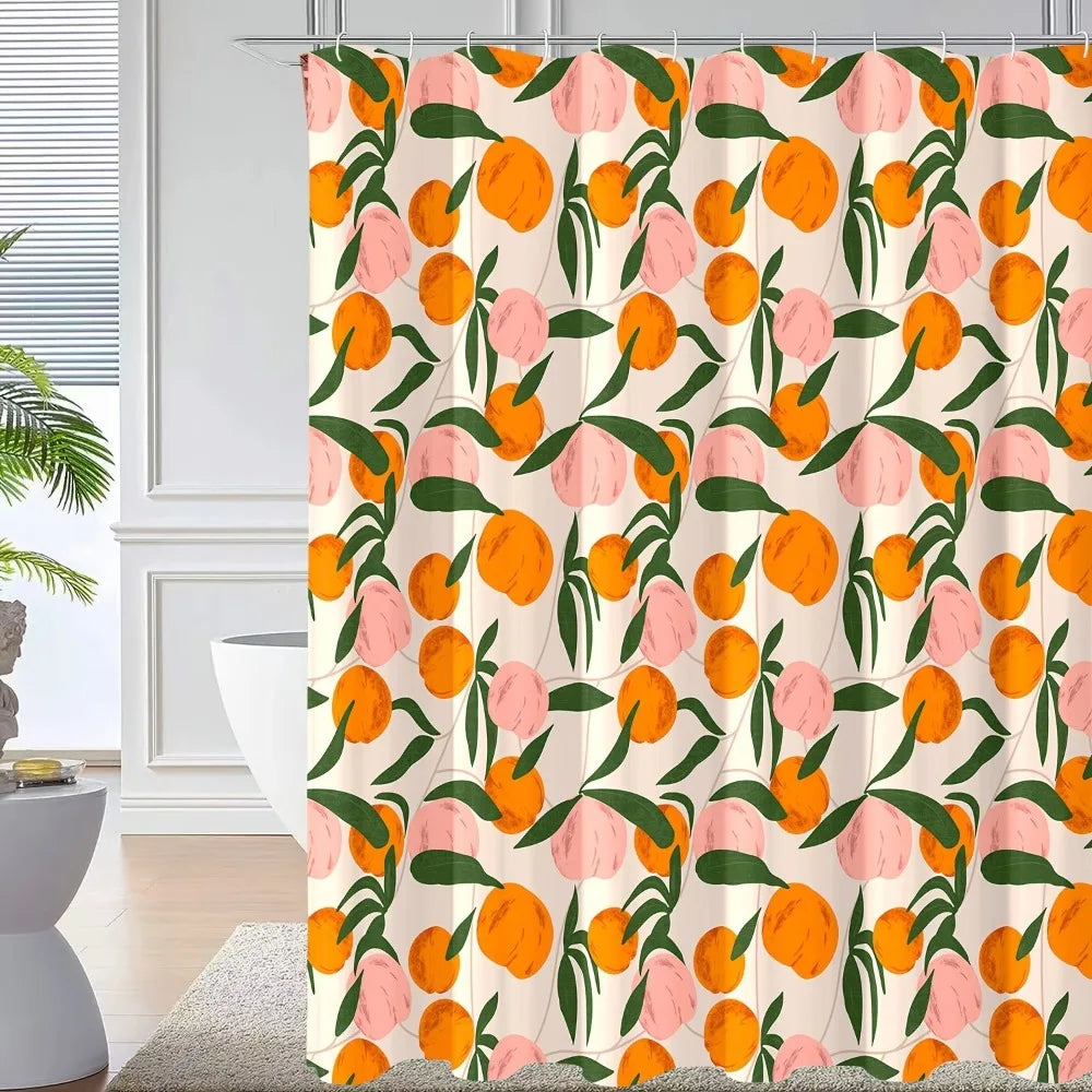 rideau douche moderne orange pêches feuilles anti moisissure opaques polyester anneaux