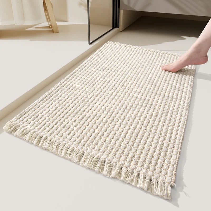 tapis bain microfibre moderne franges beige gris absorbant respectueux environnement
