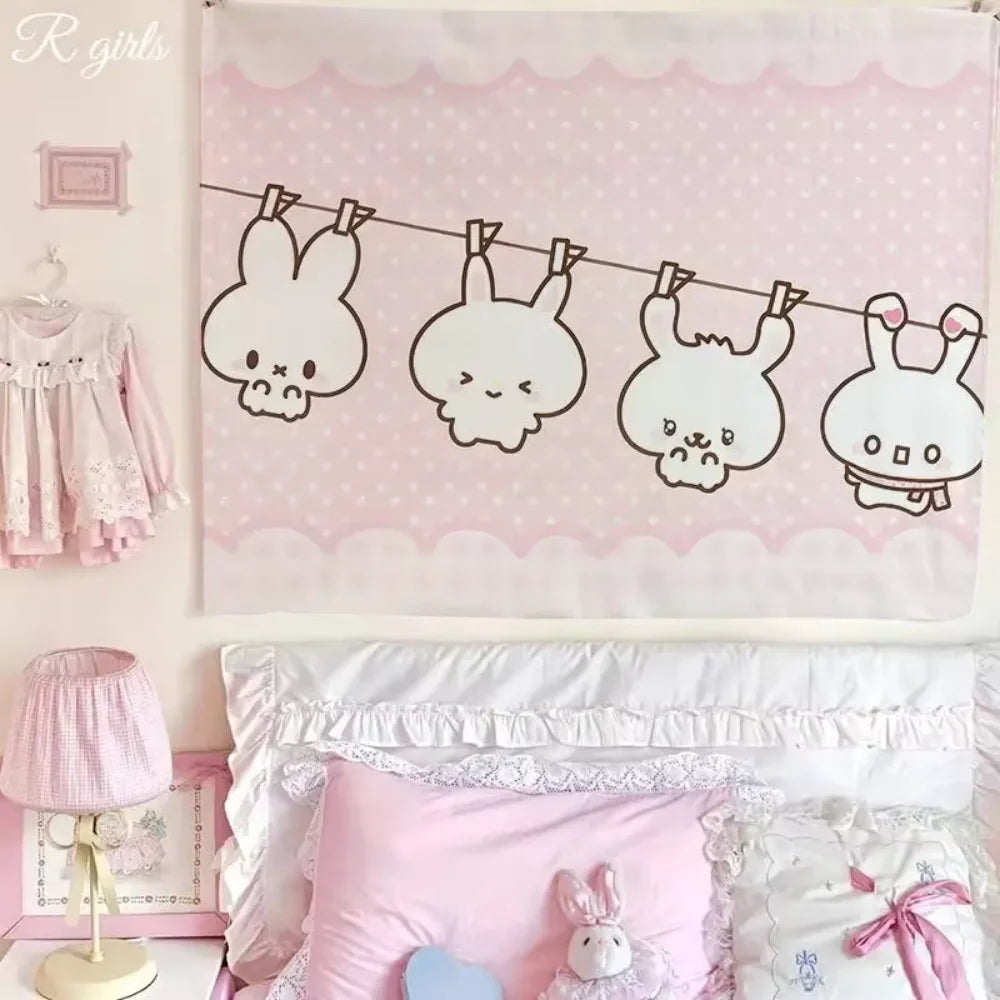 tapisserie murale lapins rose clair blanc motif kawaii enfantin decoration chambre opaque pastel