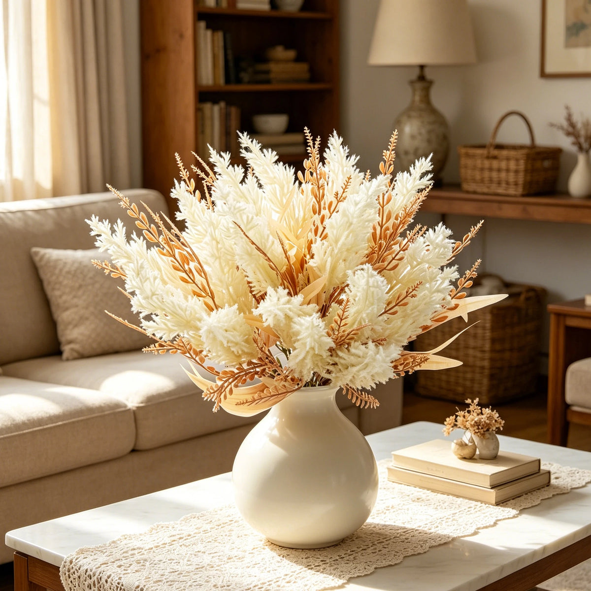 bouquet fleurs séchées naturel rustique beige doré feuilles épis décoration intérieure vase blancextérieur exposition