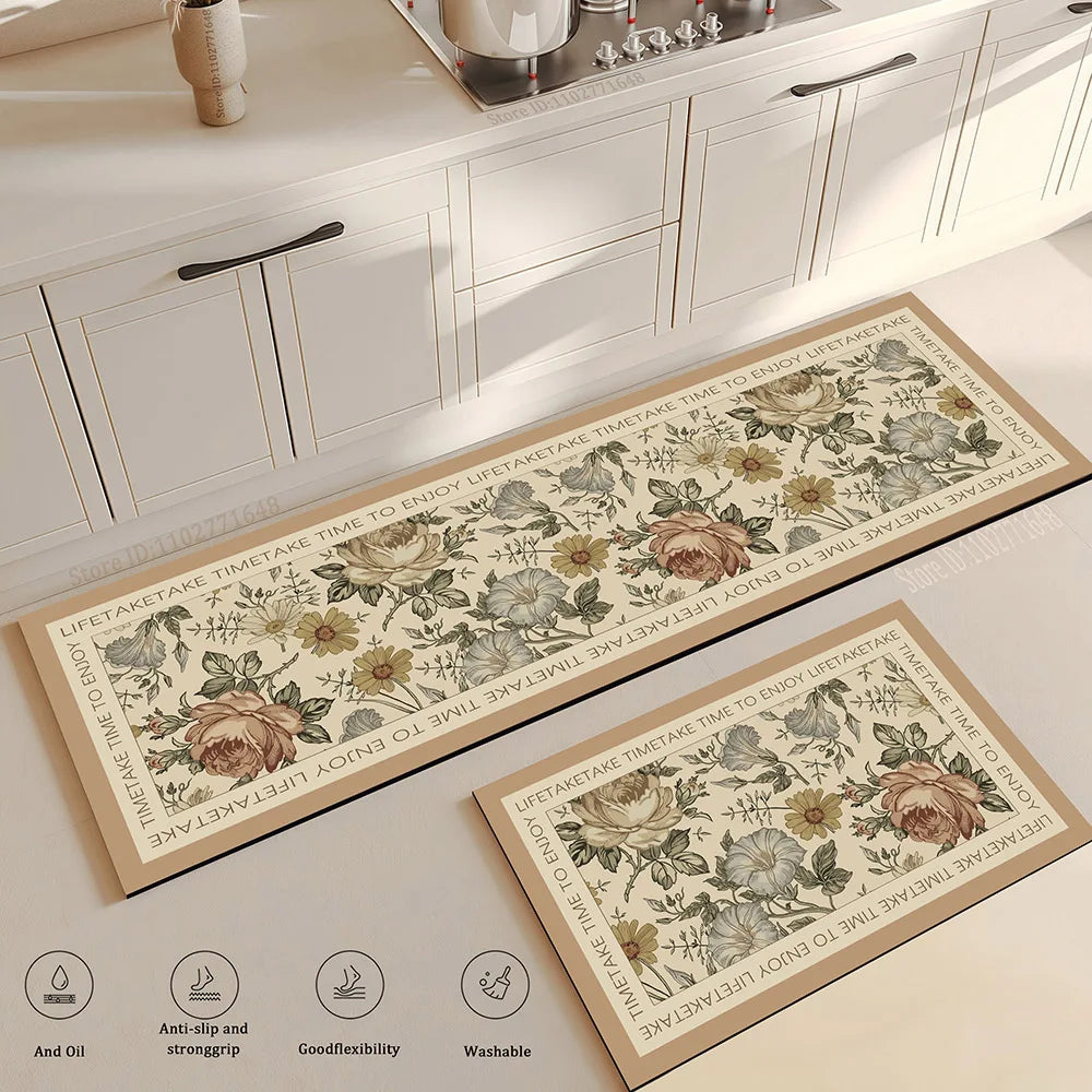 tapis cuisine antidérapant doux lavable motif floral beige rose vert gris sol maison
