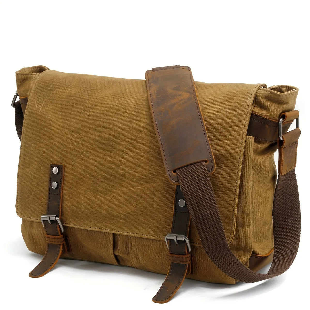 sac bandoulière toile grunge vintage vert olive marron clair boucles métalliques poches intérieures doux