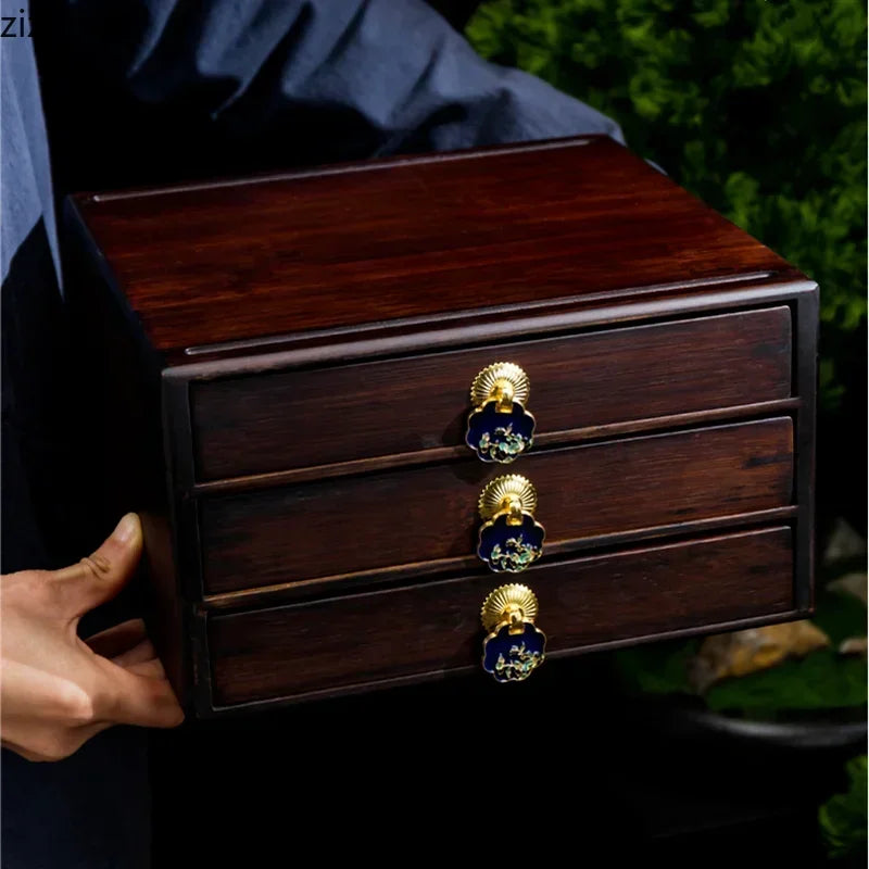 boîte thé marron tiroirs plateau poignées traditionnelle accessoire cérémonie thé pliante rangement ménage moderne