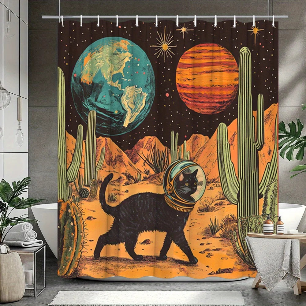 rideau douche spatial chat astronaute cactus métalliques polyester moderne illustration vintage